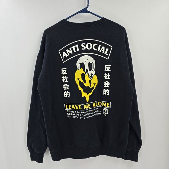 Men's Anti-Social Social Club Sweatshirt Leave Me Alone Skull Smiley Sz Large - Picture 1 of 3